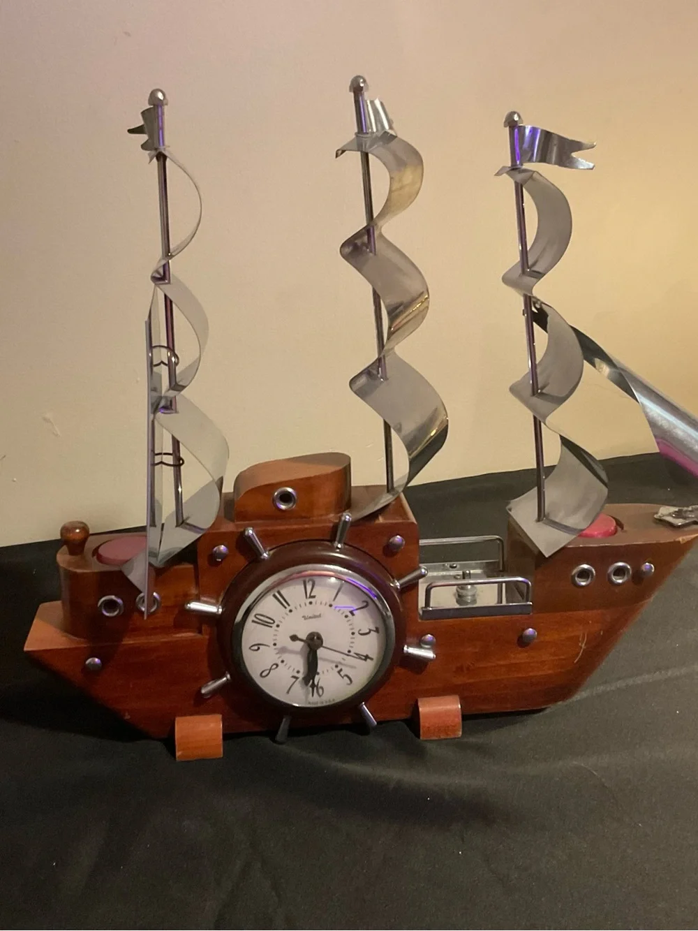 Wooden Ship Clock Wall Decor in Brown and Silver